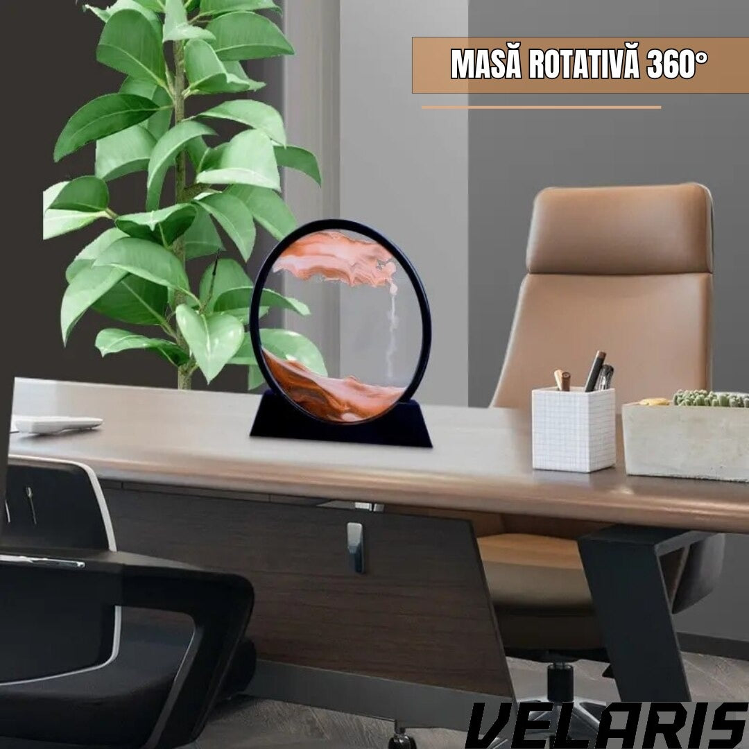 Obiect decorativ cu efect 3D din nisip, masa rotativa 360°, baza din plastic, sticla si nisip, 18x19 cm, Rosu
