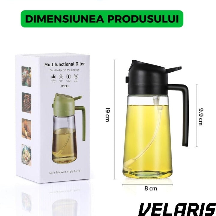 Dozator de ulei 2 în 1, 470 ml, spray și cioc de turnare, sticlă rezistentă la căldură