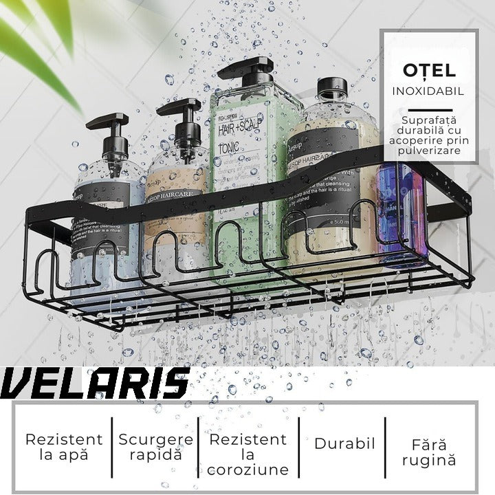 Organizator de dus din otel inoxidabil, montare adeziva fara gaurire, capacitate mare, rezistent la rugina, negru