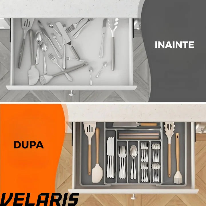 Organizator extensibil 8 compartimente, pentru sertar, Sistem modular pentru tacamuri si ustensile de bucatarie, Gri