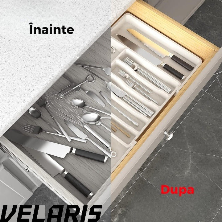 Organizator extensibil 8 compartimente, pentru sertar, Sistem modular pentru tacamuri si ustensile de bucatarie, Alb