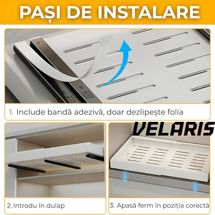 Organizator extensibil pentru dulapuri, metal, sertar glisant, montare adeziva, capacitate mare, alb