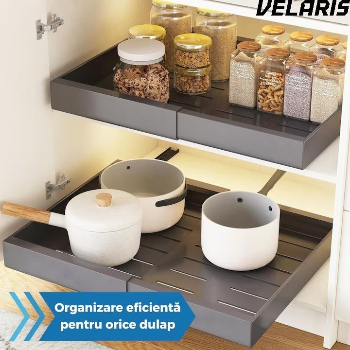 Organizator extensibil pentru dulapuri, metal, sertar glisant, montare adeziva, capacitate mare, gri