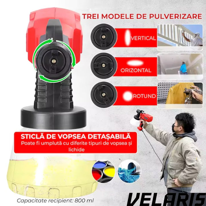 Pistol vopsit electric 500W rezervor 800ml, rosu, viteza reglabila 32000rpm, 3 moduri de pulverizare, pulverizare fina, duze interschimbabile pentru interior tavan gard lac lemn metal