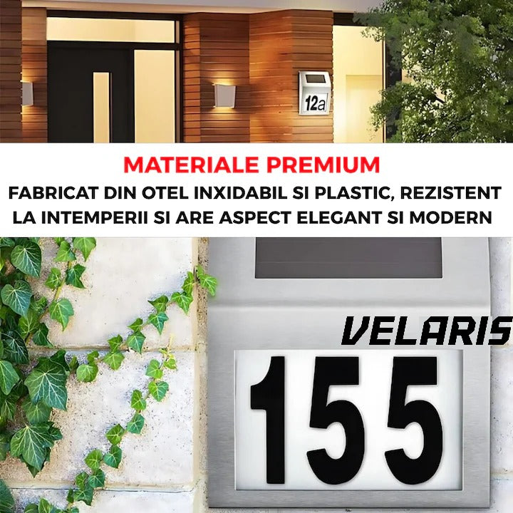 Placa Numar Casa cu Iluminare Solara LED Montaj Exterior, Detectie Automata Noapte-Zi, Rezistenta la Intemperii, din Inox