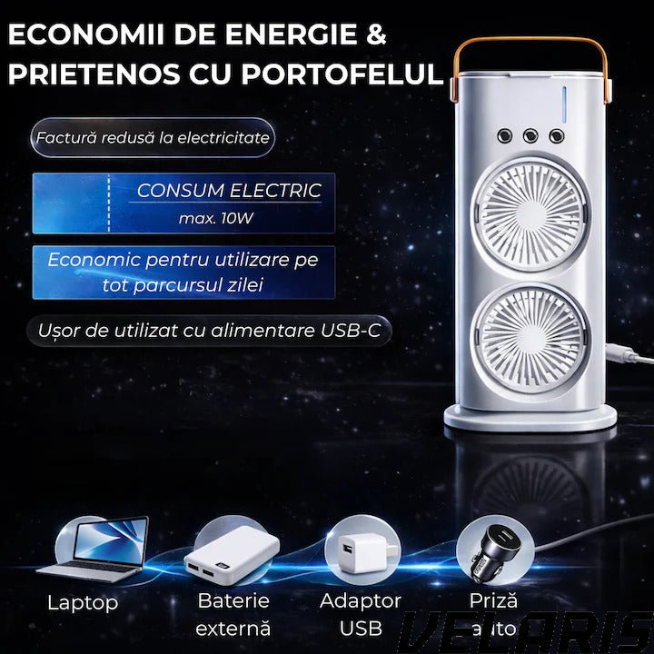 Ventilator portabil cu spray și cap dublu, răcire cu apă, 3 viteze, 360°, USB-C, 10W