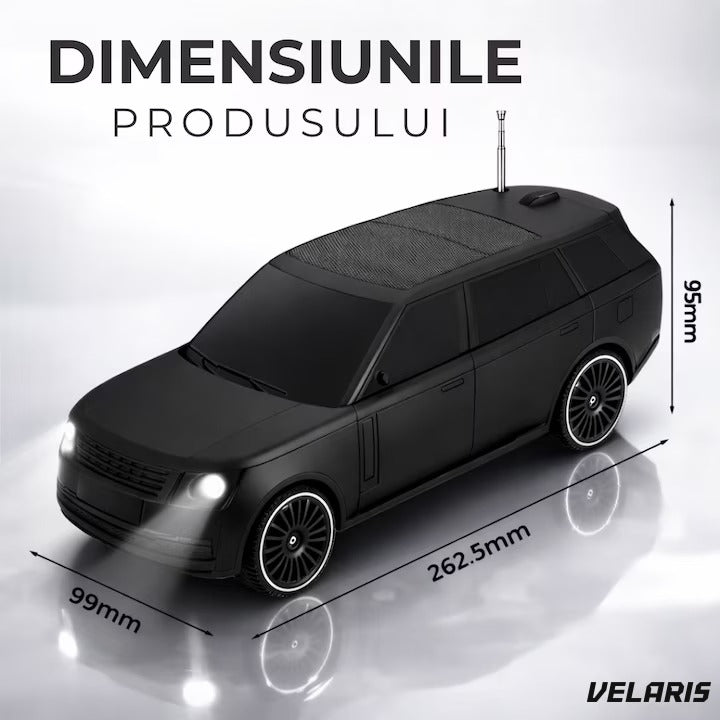 Boxă portabilă Bluetooth 5.0, design mașină, faruri iluminate, panou solar, suport telefon