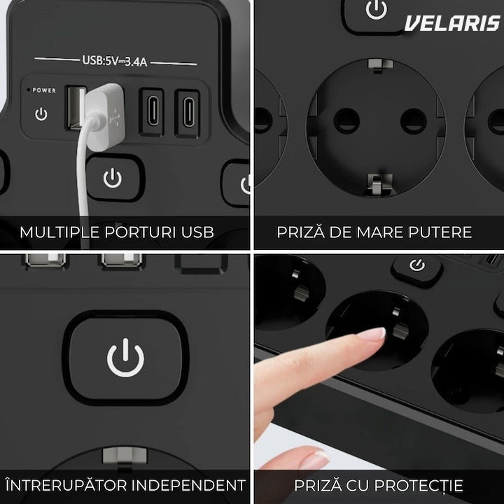 Prelungitor electric 4 prize Schuko, 4 porturi USB, control individual, 4000W, birou și casă