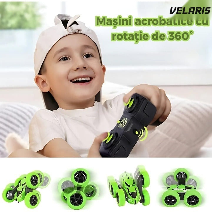 Mașinuță de cascadorii cu telecomandă 2.4GHz, rotație 360°, LED, baterie reîncărcabilă inclusă