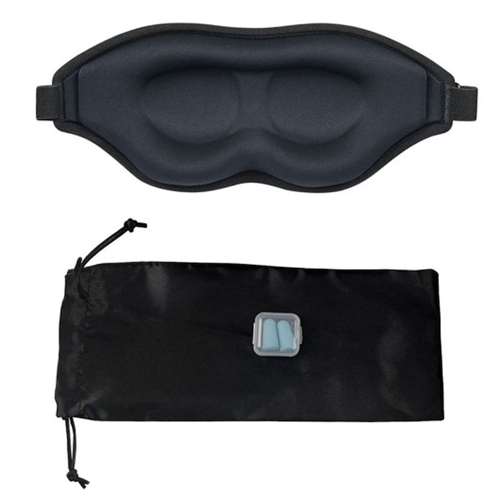 Masca de Somn 3D cu Dopuri Urechi si Husa Reglabila, Confortabila, Antilumina, Neagra, Pentru Calatorii, Acasa, Relaxare