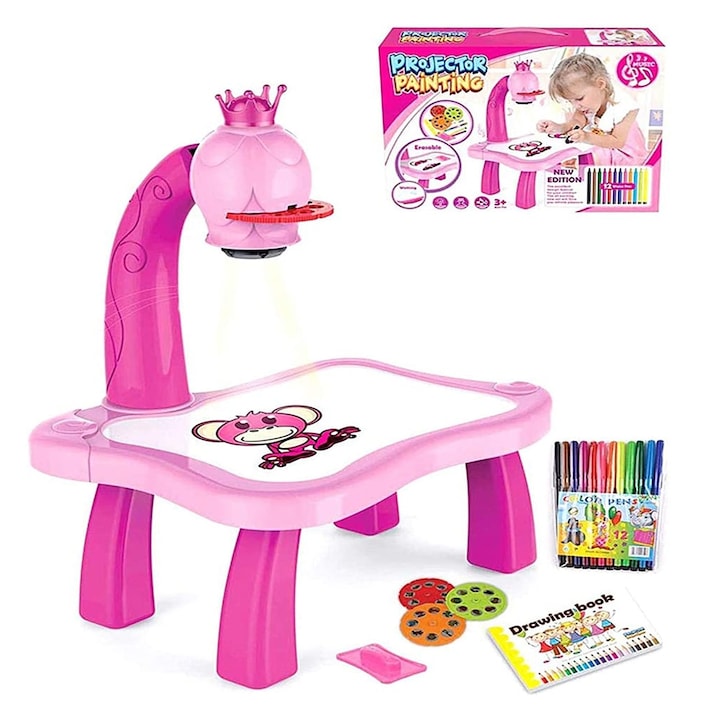 Jucarie educativa, Tabla Proiector Girafa Roz, 3 discuri, 12 carioci, set