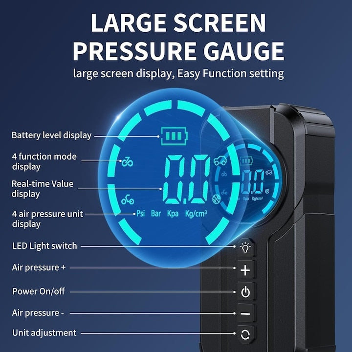 Compresor de aer auto Smart, portabil si multifunctional, 6000mAh, 180PSI, lanterna LED SOS, baterie externa si accesorii complete