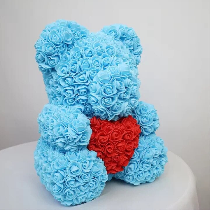 Ursulet Cu Inima Trandafiri Spuma, 24 cm, Cutie Cadou Inclusa, Albastru, Decor Romantic, Cadou Valentine Aniversare