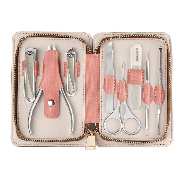 Trusa manichiura si pedichiura, 8 piese, inox, etui roz