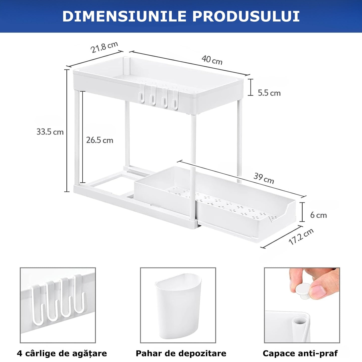 Organizator Extensibil Sub Chiuveta cu Sertar Glisant si 4 Carlige Alb Descriere produs
