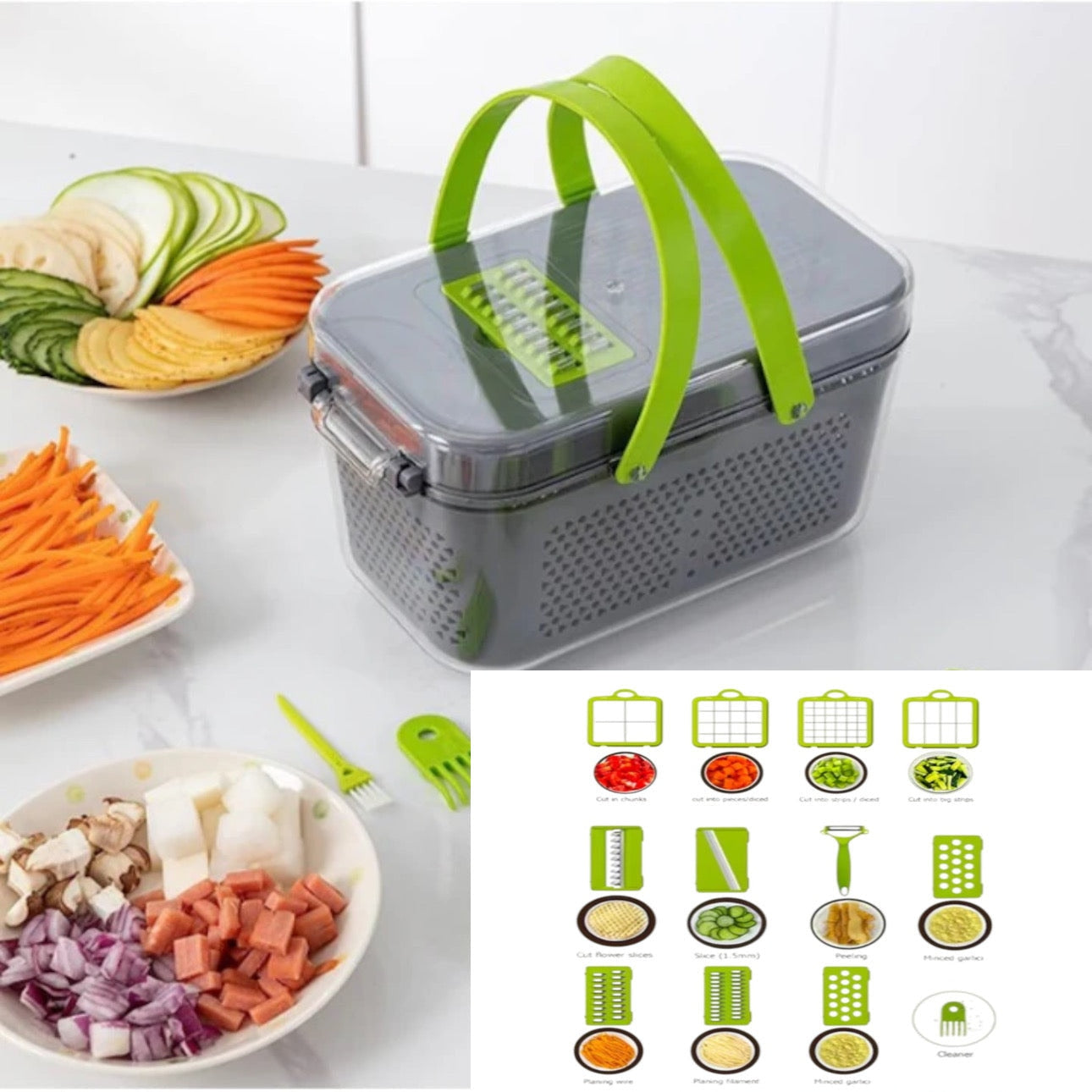 Razatoare multifunctionala profesionala 22 piese cu lame inox si recipient colector tocator feliator pentru legume fructe si branzeturi gri verde