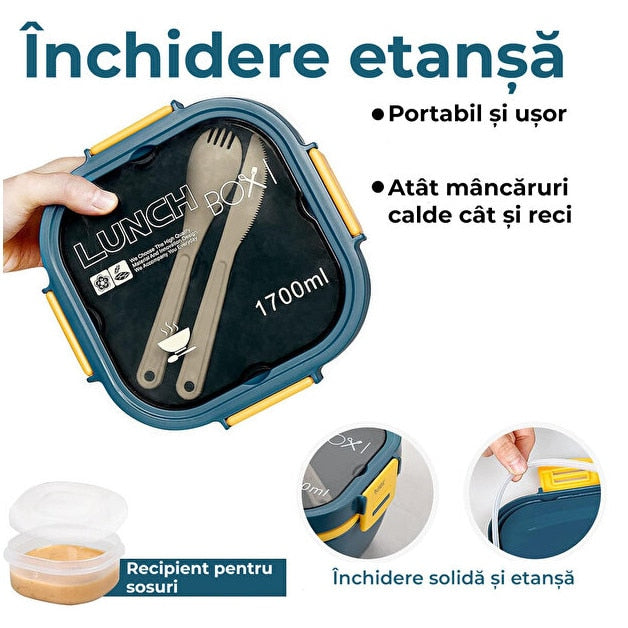 Caserola Alimentara 1.7L cu 4 Compartimente si Recipient Sos Lunch Box BPA Free