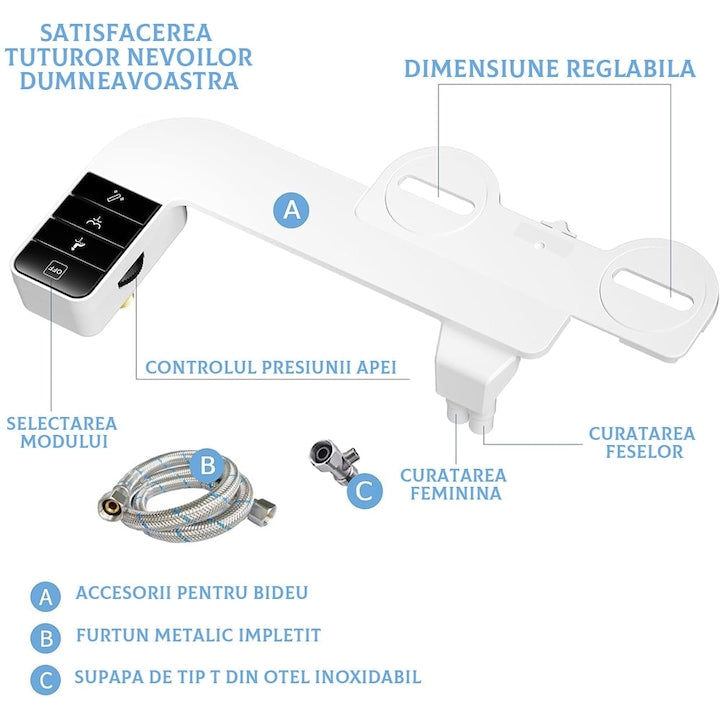 Bideu retractabil, non electric, auto curatare, control presiune apa rece, montaj WC, kit accesorii toaleta, IP44, negru