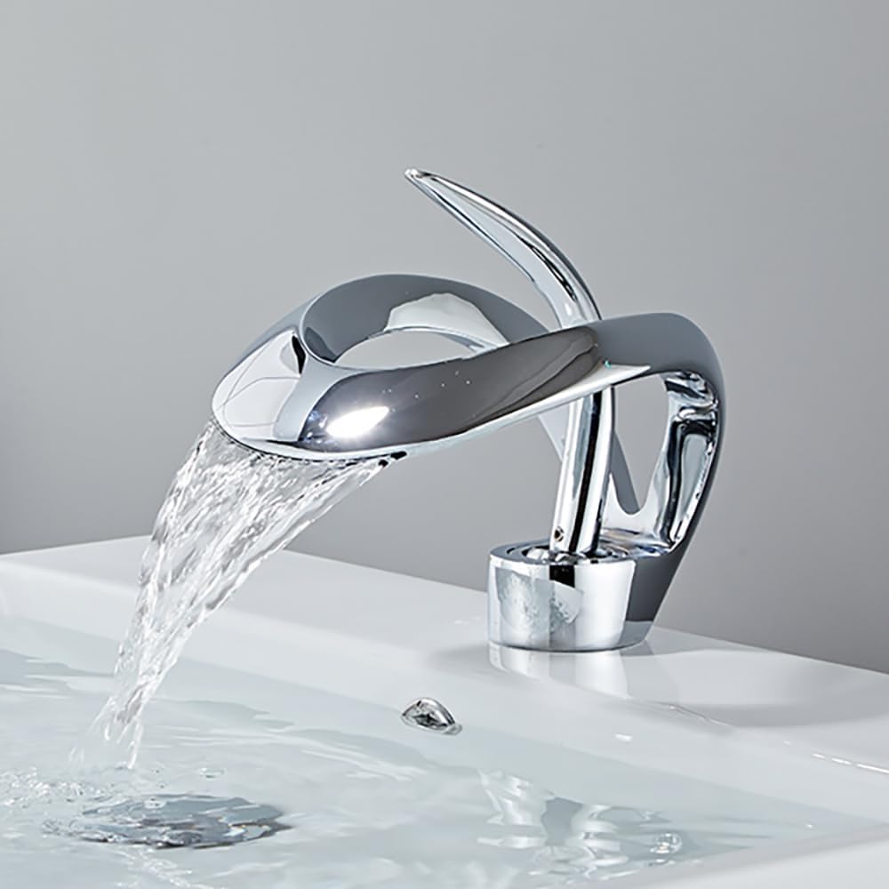 Baterie chiuveta baie tip cascada cromata 15 cm montaj pe chiuveta design nordic modern debit redus, argintiu