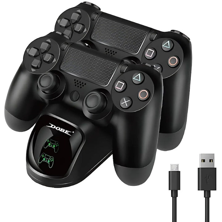Statie incarcare console gaming compatibila PS4 PS4 Pro PS4 Slim LED protectie supraincarcare 800 mAh ABS Premium negru