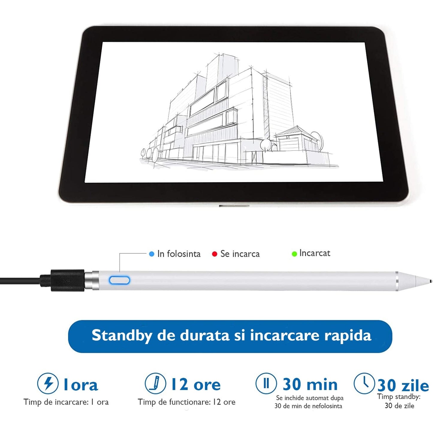 Stylus universal, alb, magnetic, pentru tablete