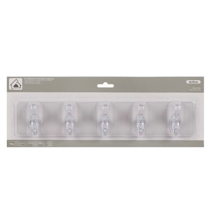 Suport autoadeziv baie sau bucatarie, transparent, plastic rezistent, 5 carlige multifunctionale, 35 x 7 cm