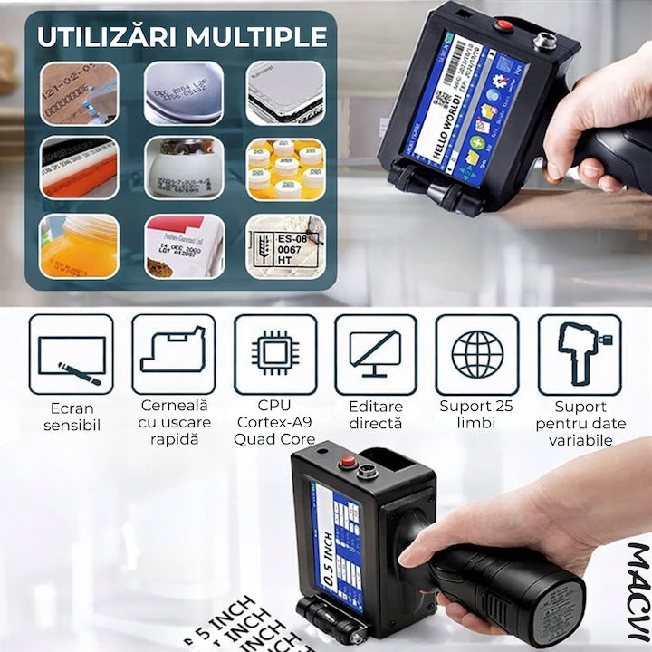 Imprimanta termica portabila, wireless, 12.7 mm, cerneala HP originala, coduri QR, coduri de bare, date variabile, multifunctionala