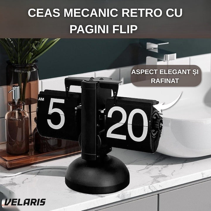 Ceas flip retro, cifre mari, oțel inoxidabil, alimentat cu baterii, design vintage, negru
