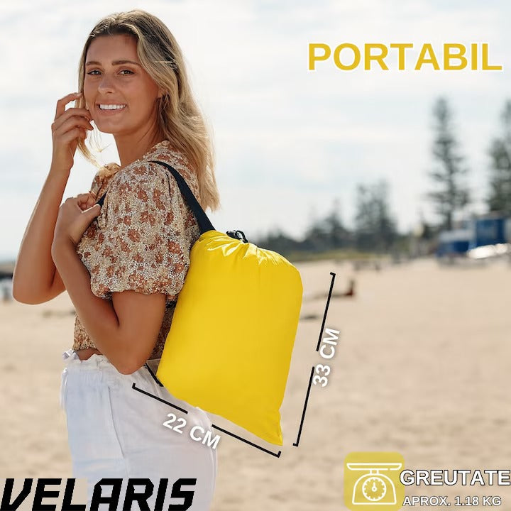 Saltea gonflabila tip sezlong Lazybag, material rezistent, umflare fara pompa, pentru plaja/picnic/camping, rucsac de depozitare, 190 x 70 cm, Galben