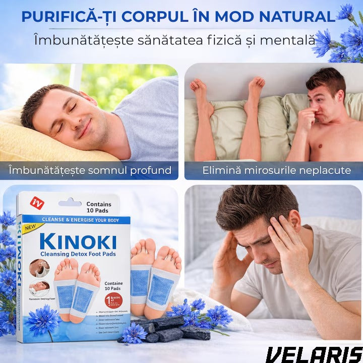Set 10 Plasturi Plasturi Detox KINOKI pentru Picioare cu floare albastra, Detoxifiere Naturala, Eliminare Toxine, Reducere Miros Neplacut, Imbunatatire Somn, Relaxare si Revitalizare