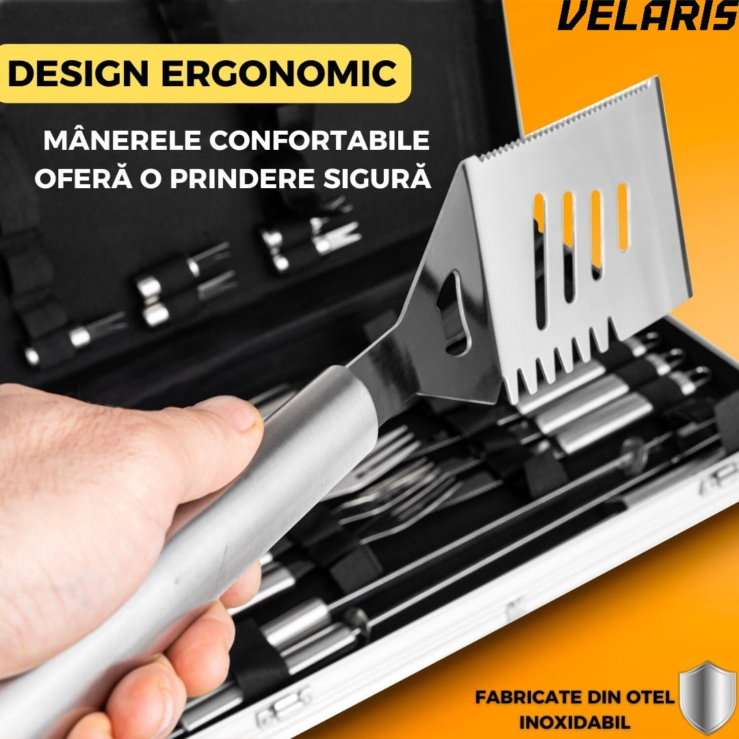 Set accesorii gratar 25 piese, otel inoxidabil premium, geanta transport aluminiu captusita 43x27x8cm