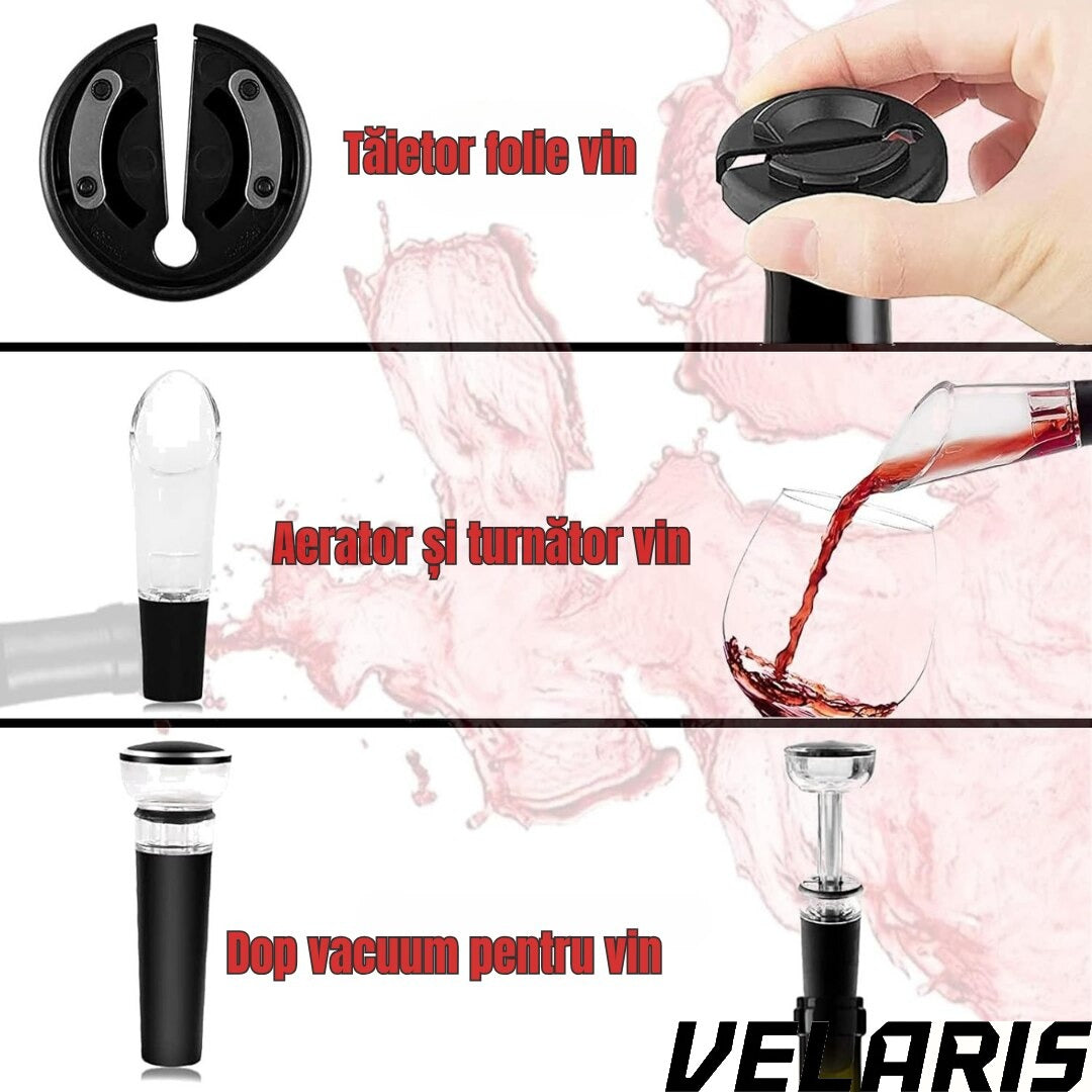 Set deschizator 2-in-1 pentru vin, tirbuson profesional cu taietor folie, dop vacuum si aerator, design ergonomic, argintiu