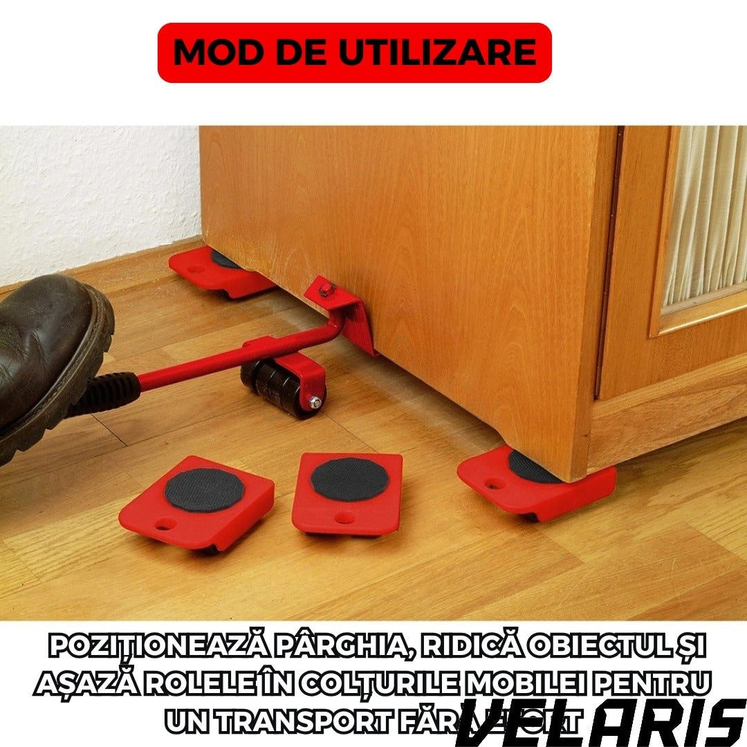 Set levier cu role si 4 suporturi pivotante, cu roti pentru mobilier si electrocasnice, capacitate totala 600 kg