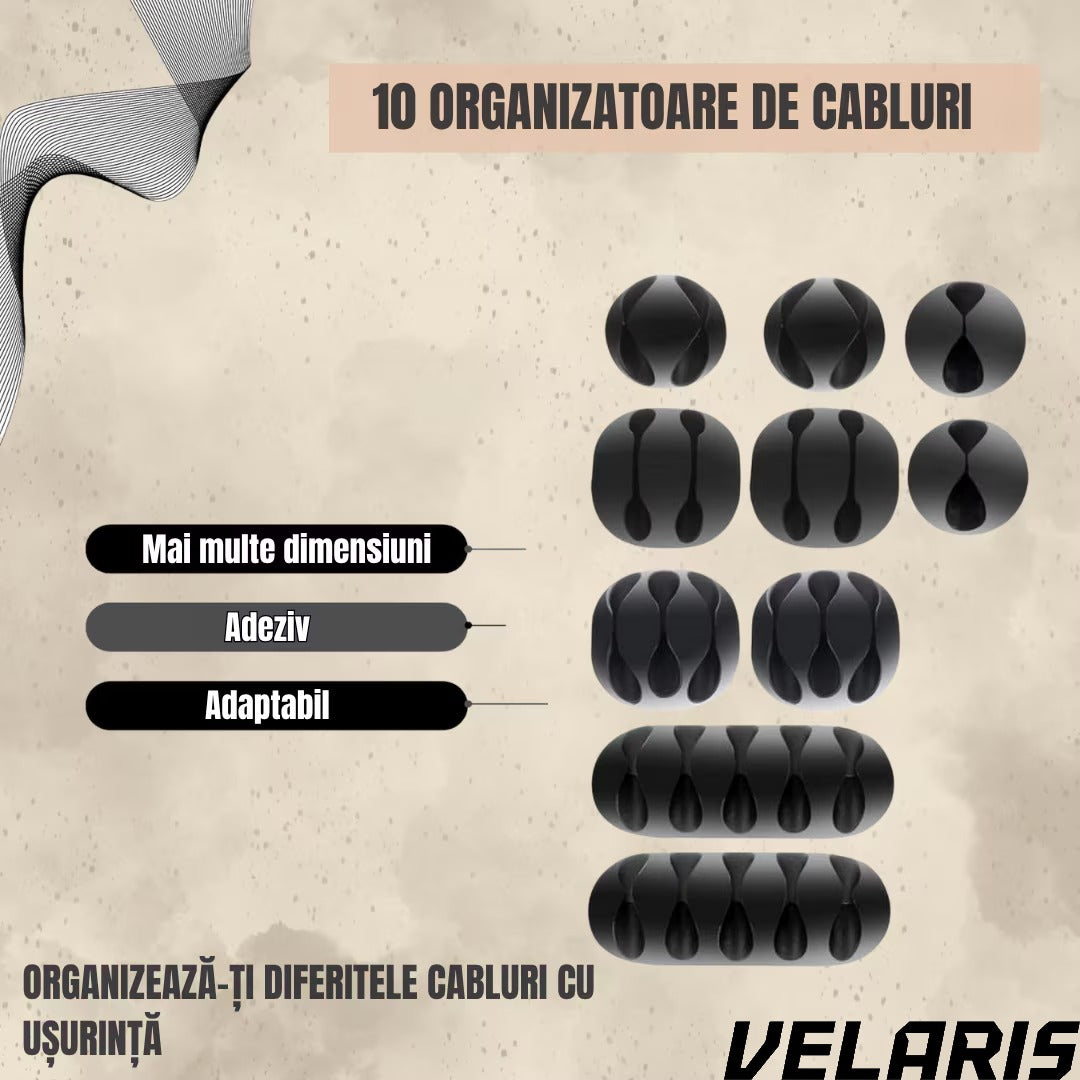 Set suport organizare cabluri, 10 bucati, 5 dimensiuni diferite, autoadeziv, negru