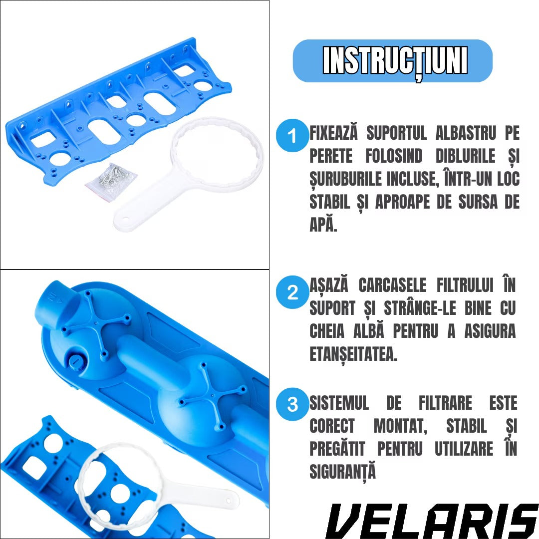 Sistem de Filtrare Apa Triplu 3/4", 3 Trepte cu Carbone Activ, Bumbac si Sita, Microfiltrare 5 Microni, 34.5 cm, Alb/Albastru