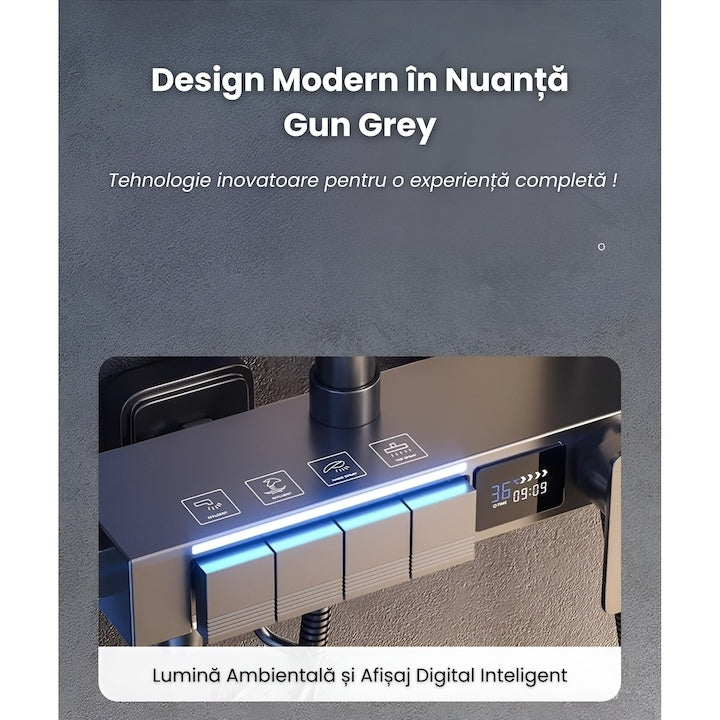 Coloană duș inteligentă, display LED, termostatic, 4 moduri apă, Gun Grey, fără electricitate