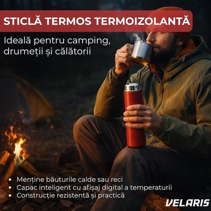 Termos smart 500 ml cu infuzor, perete dublu și afișaj LED temperatură, roșu