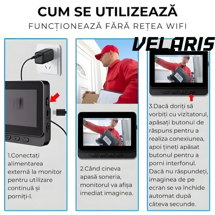 Sonerie video wireless cu camera si monitor IPS 4, 3 inch interfon bidirectional fara WiFi, vedere nocturna IR, stocare pe card SD, instalare rapida