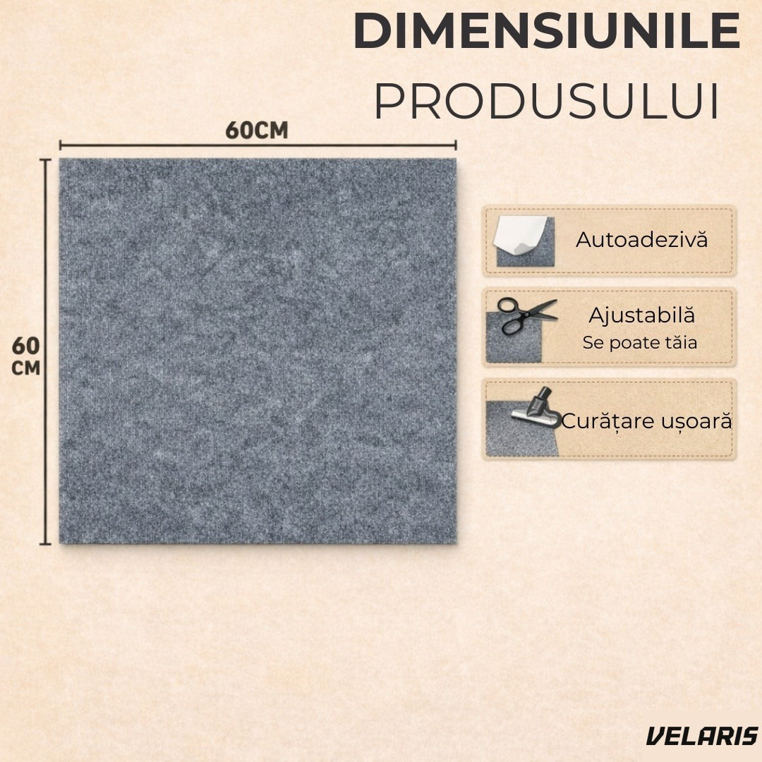 Covor pentru scări autoadeziv 60x60 cm, gri, plăci textile, ajustabil, instalare rapidă fără unelte