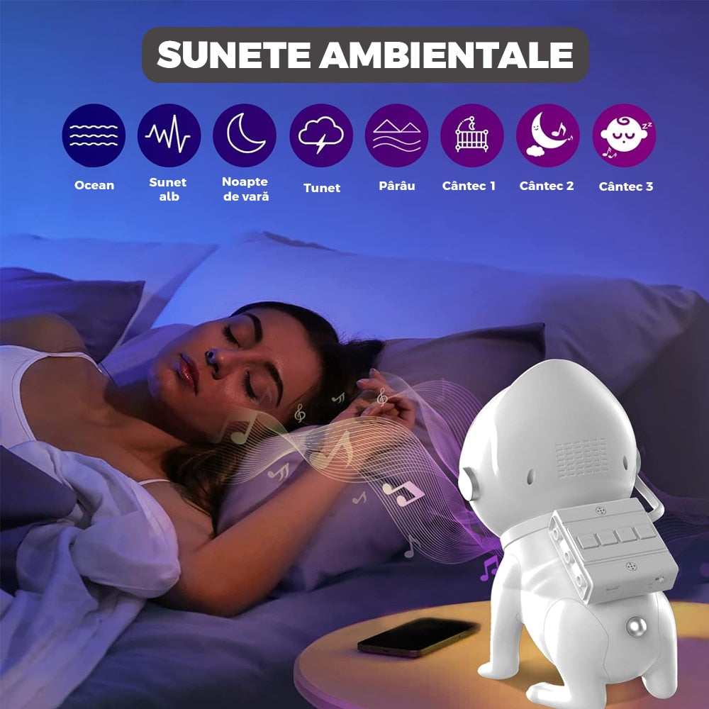 Proiector stele Câine Astronaut cu lumină de noapte, Bluetooth și 15 moduri de iluminare, alb