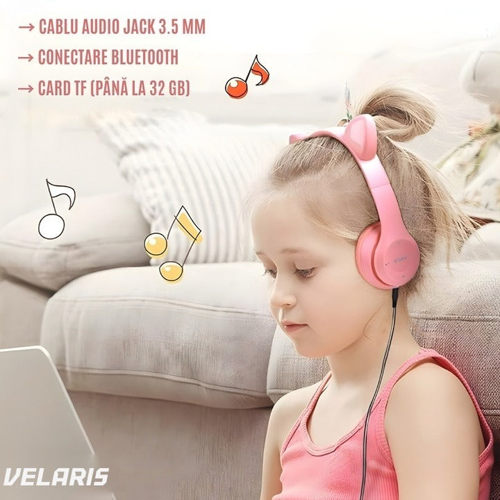 Căști wireless stereo P47, urechi de pisică, Bluetooth 5.0, radio FM, pliabile, roz