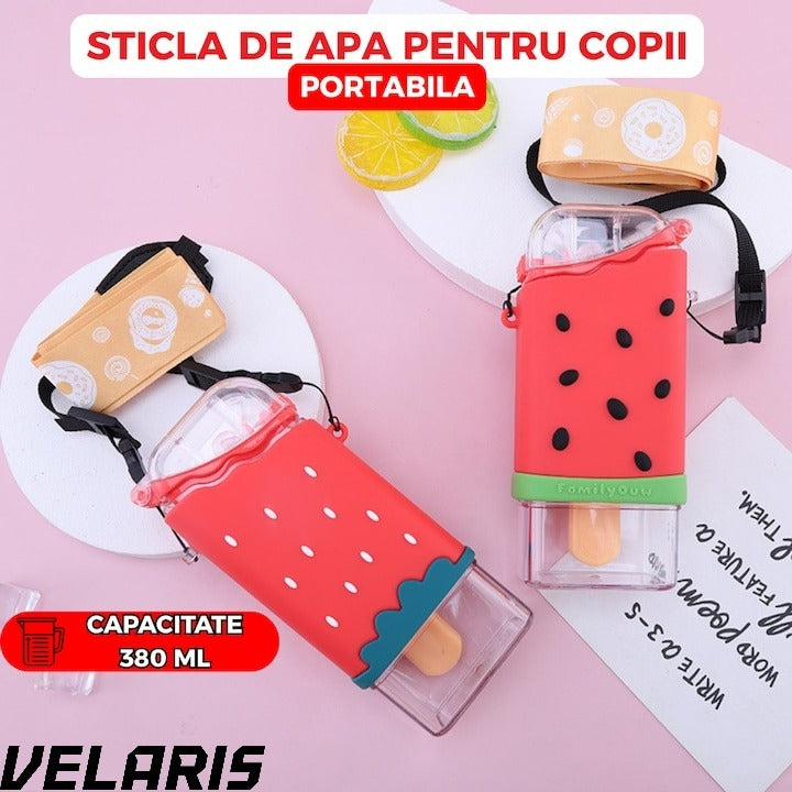 Sticla de Apa pentru Copii Forma Inghetata Pepene, 300 ml, Fara BPA, Anti-Scurgere, Capac Etans, Pai Incorporat, Usor de Curatat, Rosu