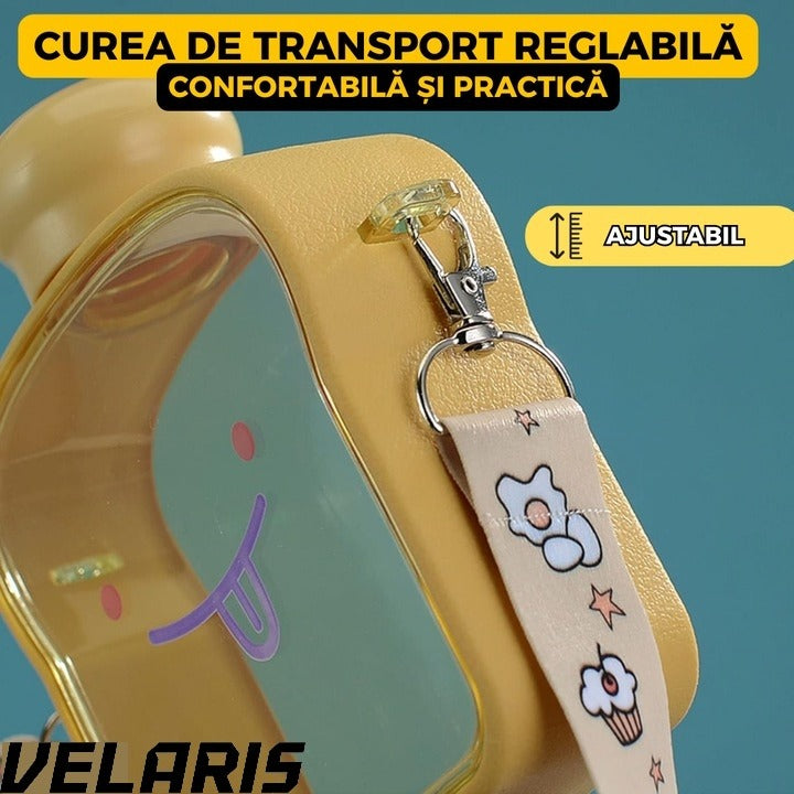 Sticla de Apa pentru Copii Forma Toast, 380 ml, Fara BPA, Anti-Scurgere, Capac Etans, Curea Reglabila de Transport, Usor de Curatat, Galben