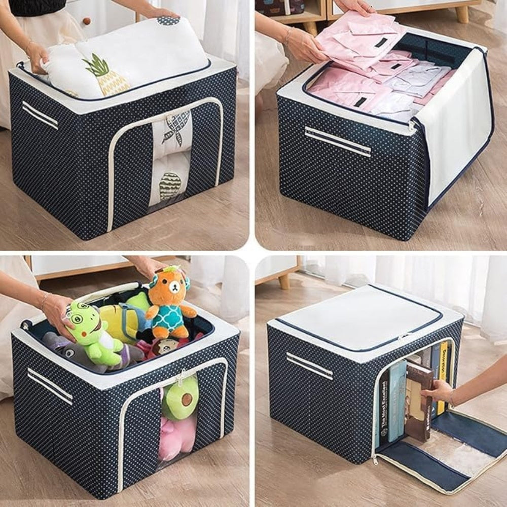 Organizator depozitare 100 litri, cutie textilă pliabilă cu fermoar și cadru metal