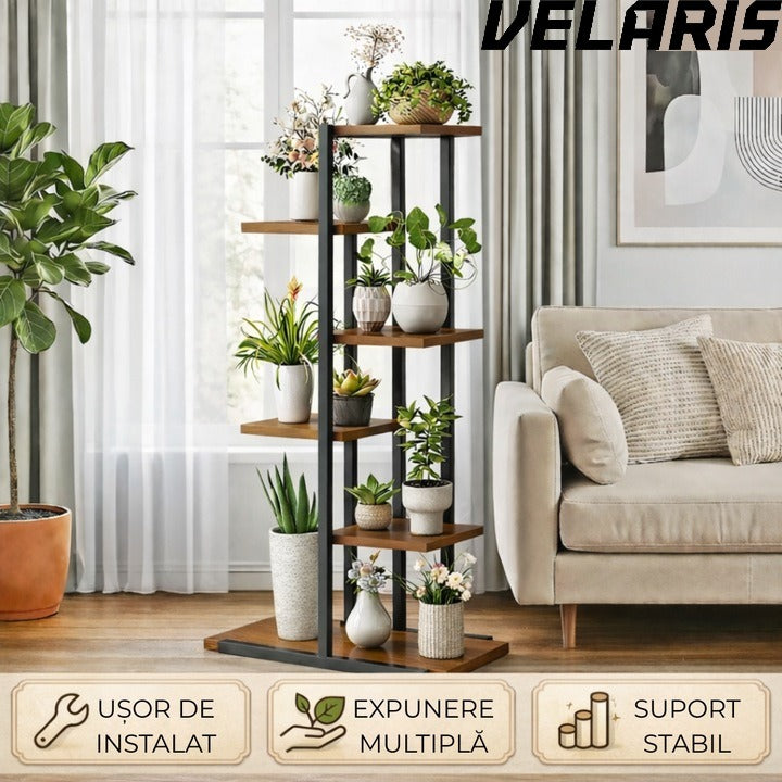 Suport plante tip etajera asimetrica cu 6 rafturi, structura metalica rezistenta, rafturi lemn, suport flori interior, design modern pentru living balcon birou, 60x21.6x123 cm