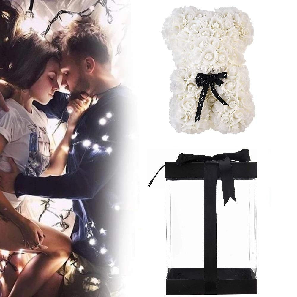 Urs pluș din săpun cu trandafiri albi, 25 cm, în cutie transparentă, cadou romantic