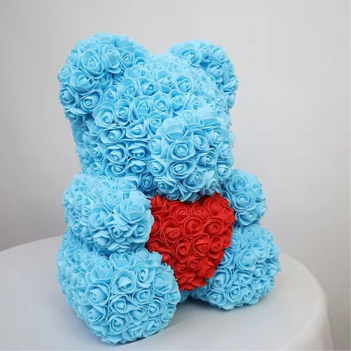 Urs din Pluș cu Inimă din Trandafiri Spumă, 24 cm, Cutie Cadou