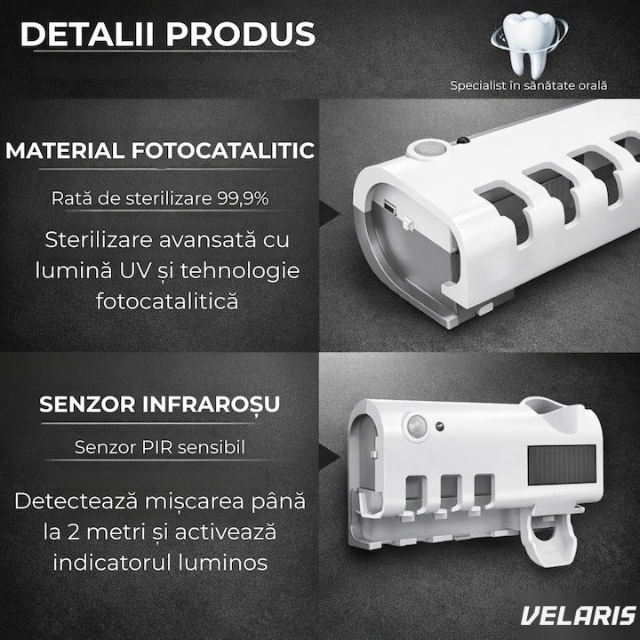 Dispenser pastă de dinți și sterilizator UV-C periuțe, panou solar, senzor mișcare, 190x125x90 mm