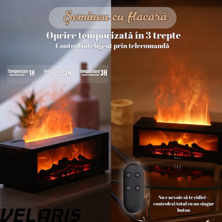 Umidificator de aer inteligent 3D cu efect de flacara, aromaterapie, rezervor 200 ml, LED multicolor, silentios, portabil USB, cu telecomanda si 3 moduri de functionare
