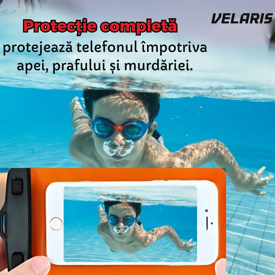 Husa telefon subacvatica, transparent portocaliu, impermeabila pana la 6,7 inch, cu snur